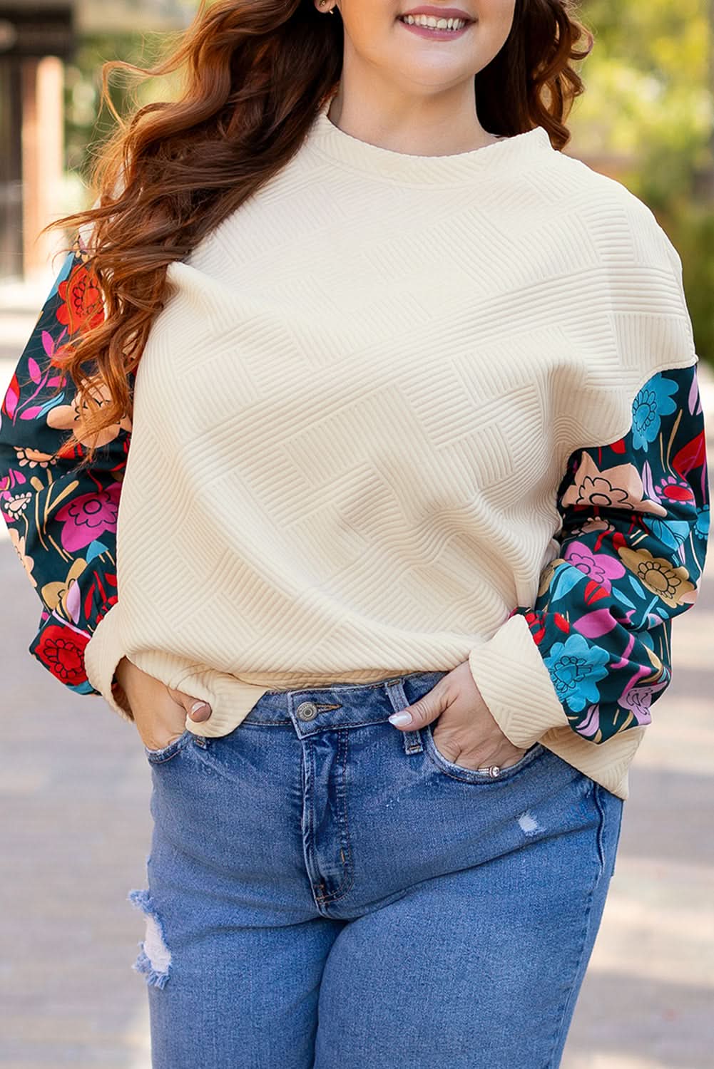 White Floral Patchwork Sleeve Textured Plus Size Pullover Top - Love Salve